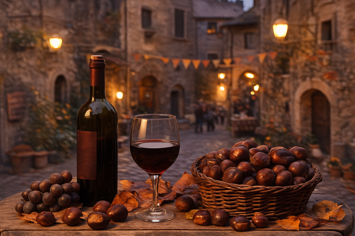 Bottiglia di vino, calice e castagne in primo piano con borgo dei Castelli Romani illuminato da lanterne al tramonto.