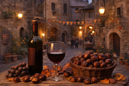 Bottiglia di vino, calice e castagne in primo piano con borgo dei Castelli Romani illuminato da lanterne al tramonto.
