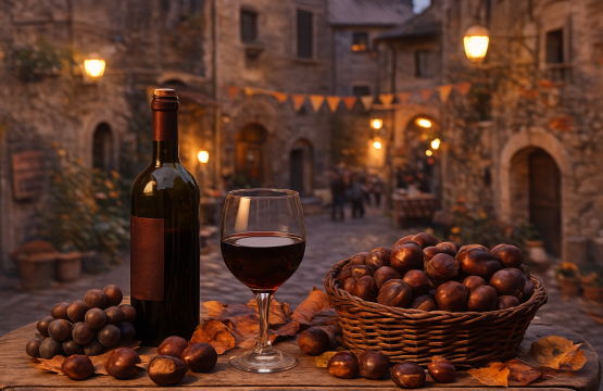 Bottiglia di vino, calice e castagne in primo piano con borgo dei Castelli Romani illuminato da lanterne al tramonto.