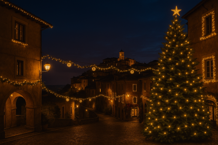 Borgo dei Castelli Romani illuminato per Natale, luminarie e atmosfera festiva
