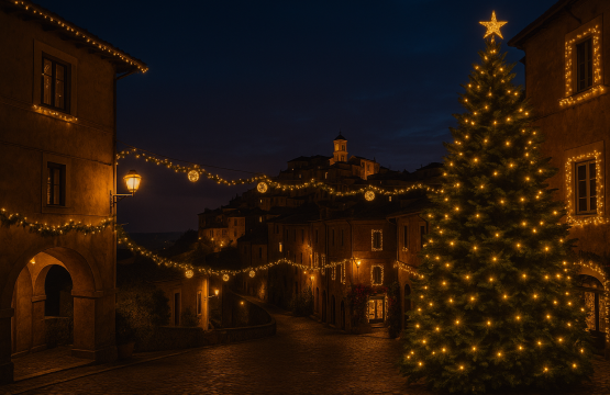 Borgo dei Castelli Romani illuminato per Natale, luminarie e atmosfera festiva