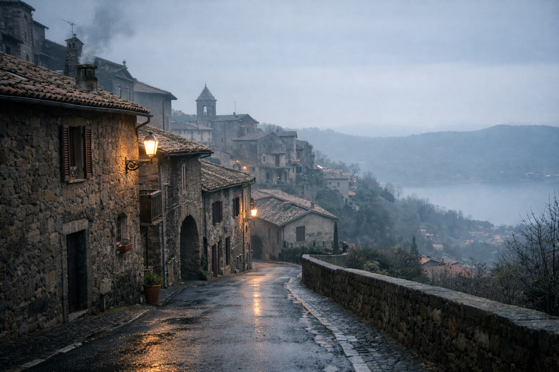 Borgo dei Castelli Romani in inverno, con strade silenziose e atmosfera autentica nel mese di gennaio