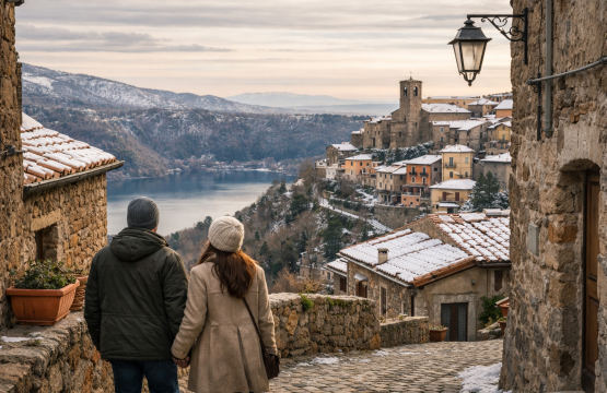 Panorama invernale dei Castelli Romani con coppia che passeggia tra i borghi, atmosfera romantica e silenziosa