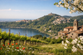 Paesaggio primaverile nei Castelli Romani con vigneti, lago di Nemi e borghi storici