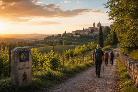 Camminatore sulla Via Francigena tra i paesaggi verdi di Velletri al tramonto