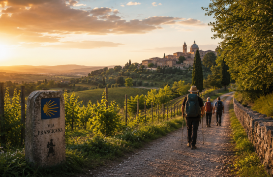 Camminatore sulla Via Francigena tra i paesaggi verdi di Velletri al tramonto