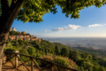 Vista panoramica di Rocca di Papa con il Castello dei Farro durante una luminosa giornata estiva ai Castelli Romani